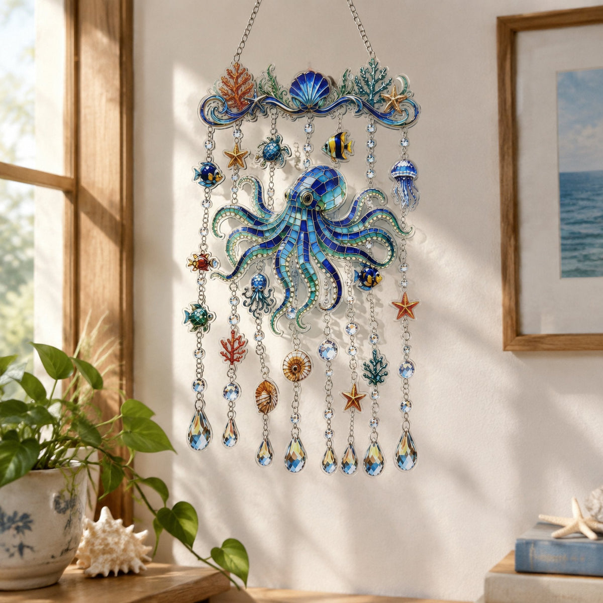 🔥🐋🐢🐬Ocean-Themed Crystal Wind Chime – 🌊Bring the Ocean Glow to Your Garden