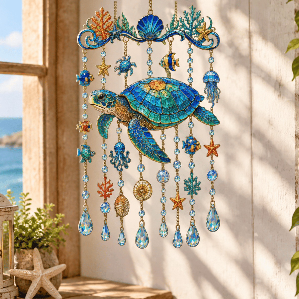 🔥🐋🐢🐬Ocean-Themed Crystal Wind Chime – 🌊Bring the Ocean Glow to Your Garden