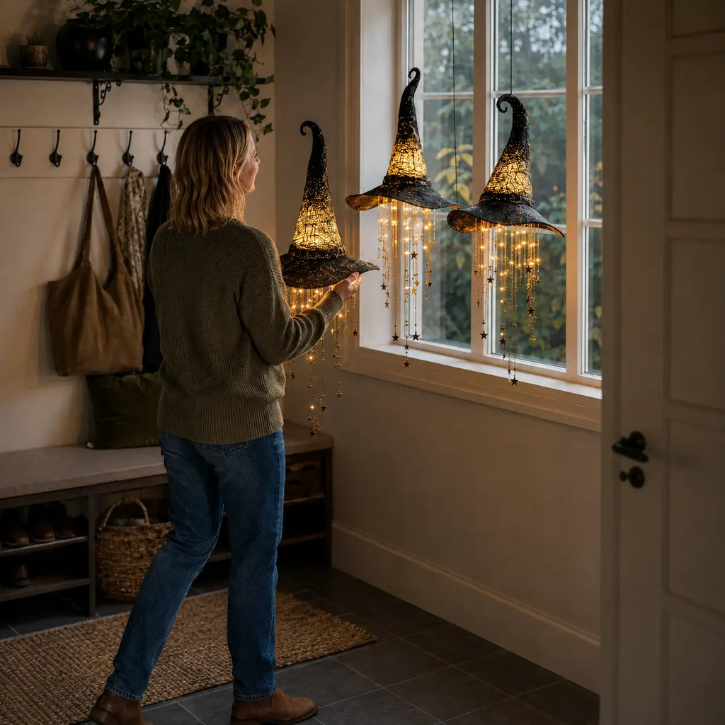 🎃🧙‍♀️ Lighted Witch Hat Hanging Chime ✨ Battery-Powered Halloween Décor
