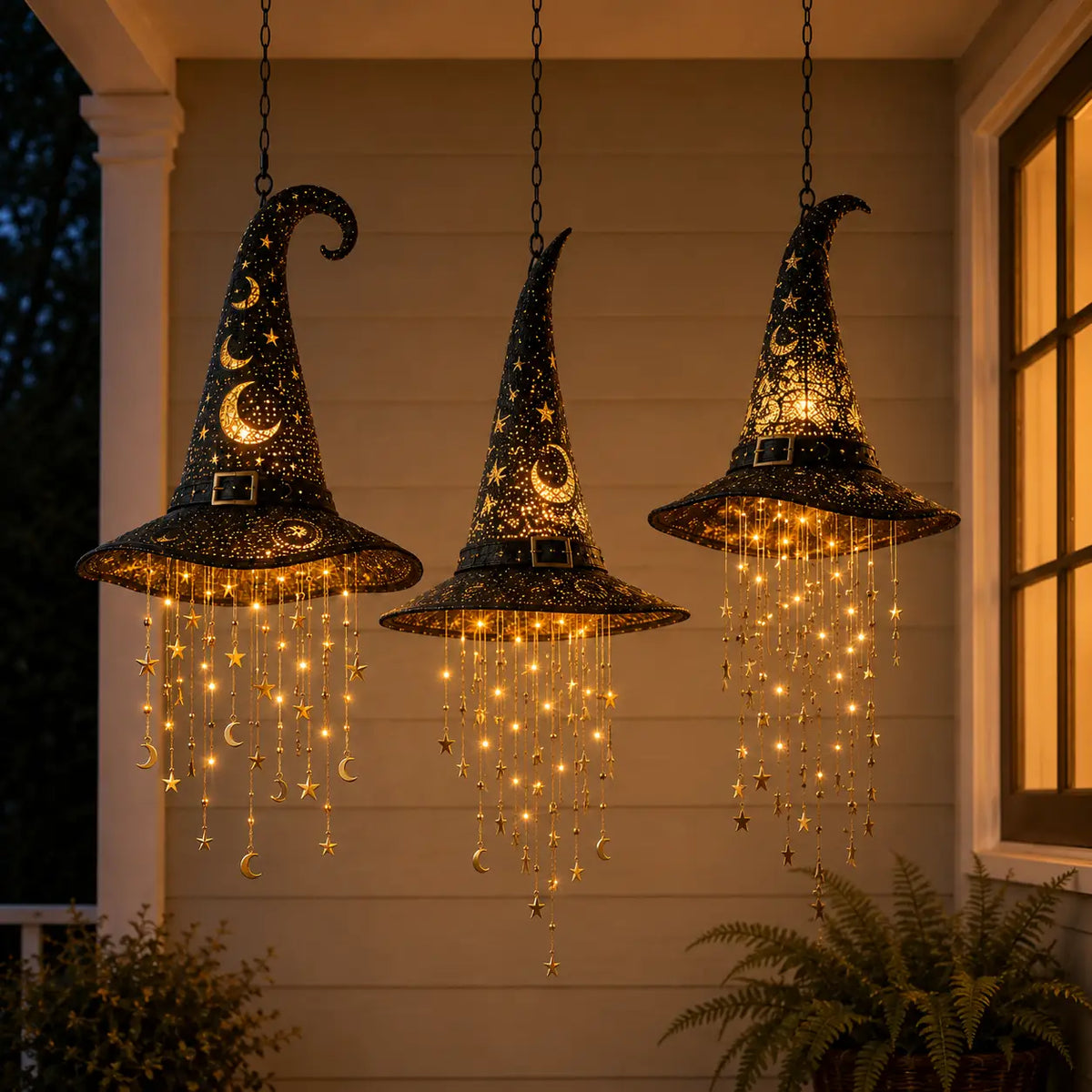 🎃🧙‍♀️ Lighted Witch Hat Hanging Chime ✨ Battery-Powered Halloween Décor